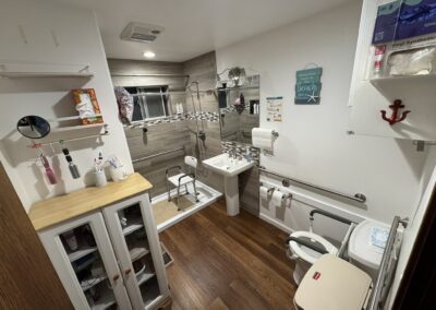 Accessible bathroom with wooden floor, walk-in shower with chair, grab bars, toilet with safety rails, sink, storage cabinets, and beach-themed decor.